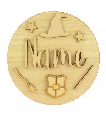 Laser Cut Oak Veneer Circle Plaque Personalised Name With Wizard Shapes